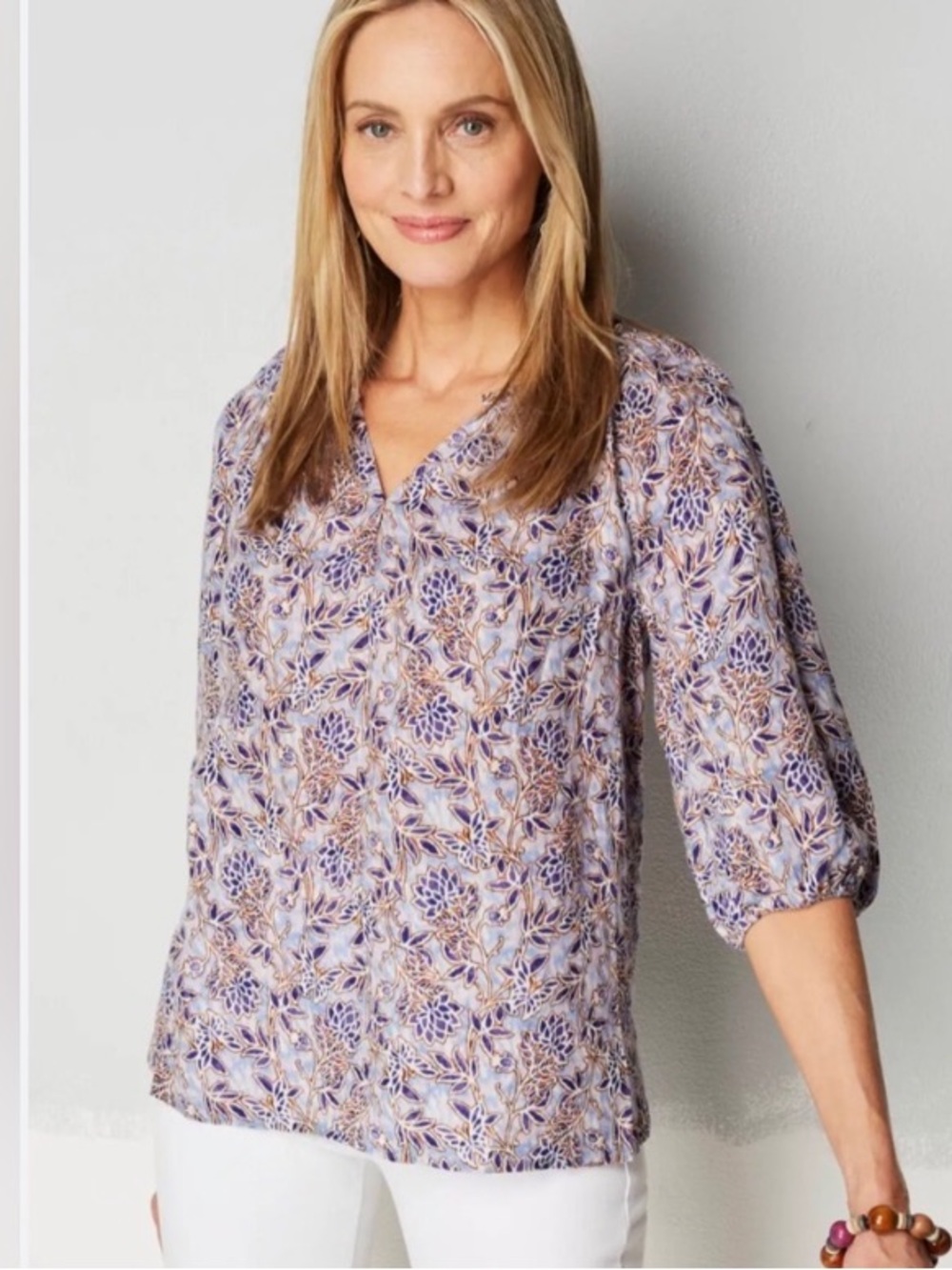 J. Jill Floral V-Neck 100% Linen Blouse size Small